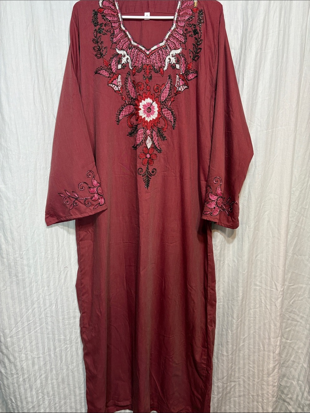 Embroidered Maroon Maxi Dress with Pink Accents